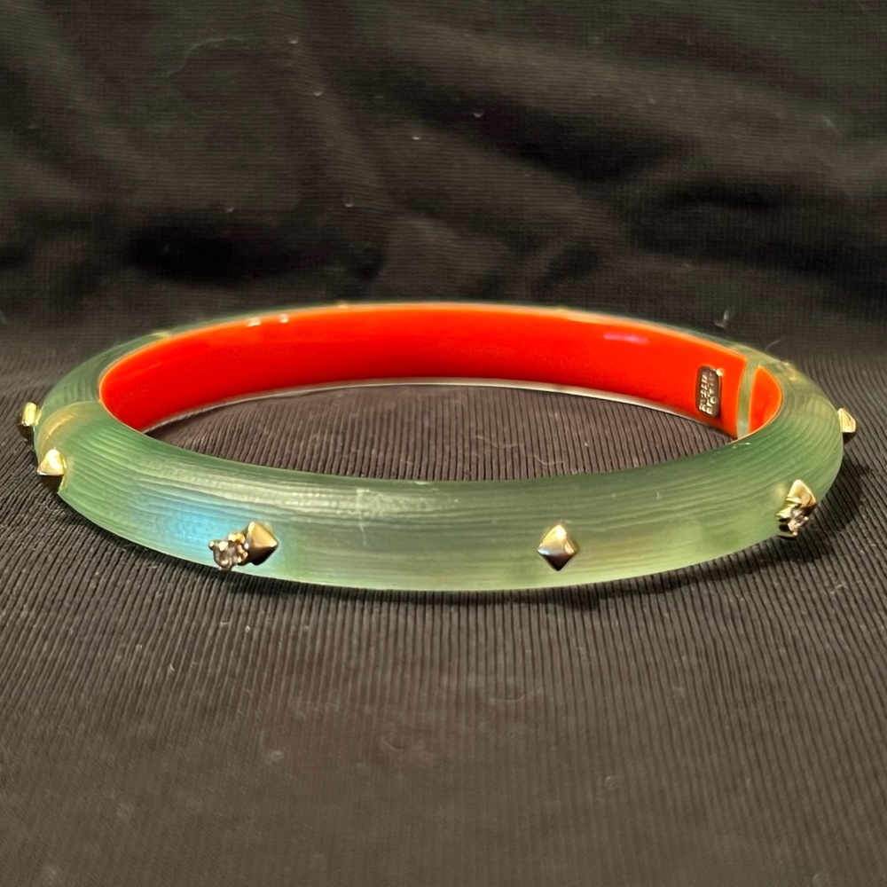 Alexis Bittar Golden Studded Hinge Lucite Bangle in Light Teal